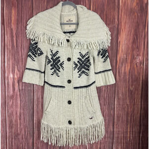 Hollister Womens Ivory Chunky Knit Cardigan Fringe Y2K 2000s Wool Fair Isle XS/S